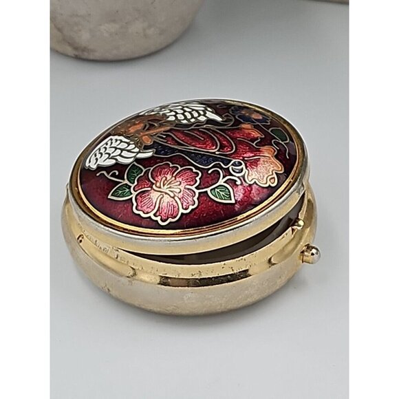 Vintage‎ Cloisonne Angel And Flower Trinket/Pill Box Burgundy Maroon Goldtone - Picture 2 of 5